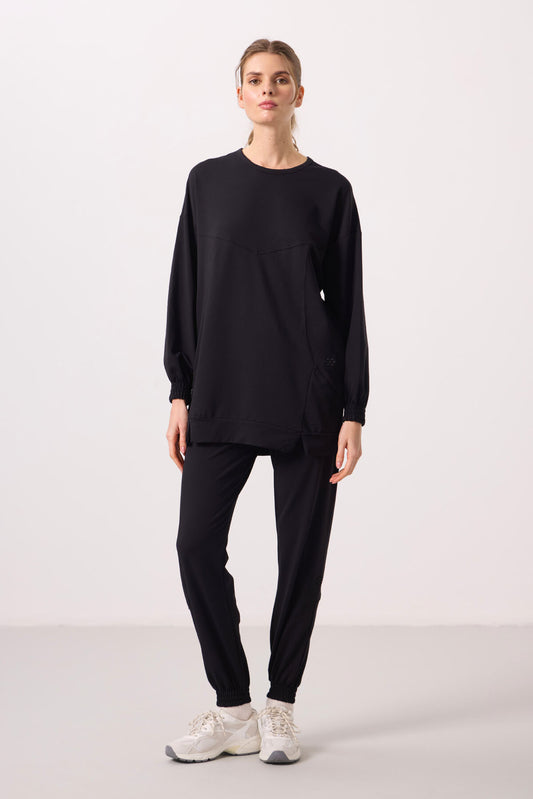 Black O Collar Basic Oversize Women's Tracksuit Tunic Set - 95347