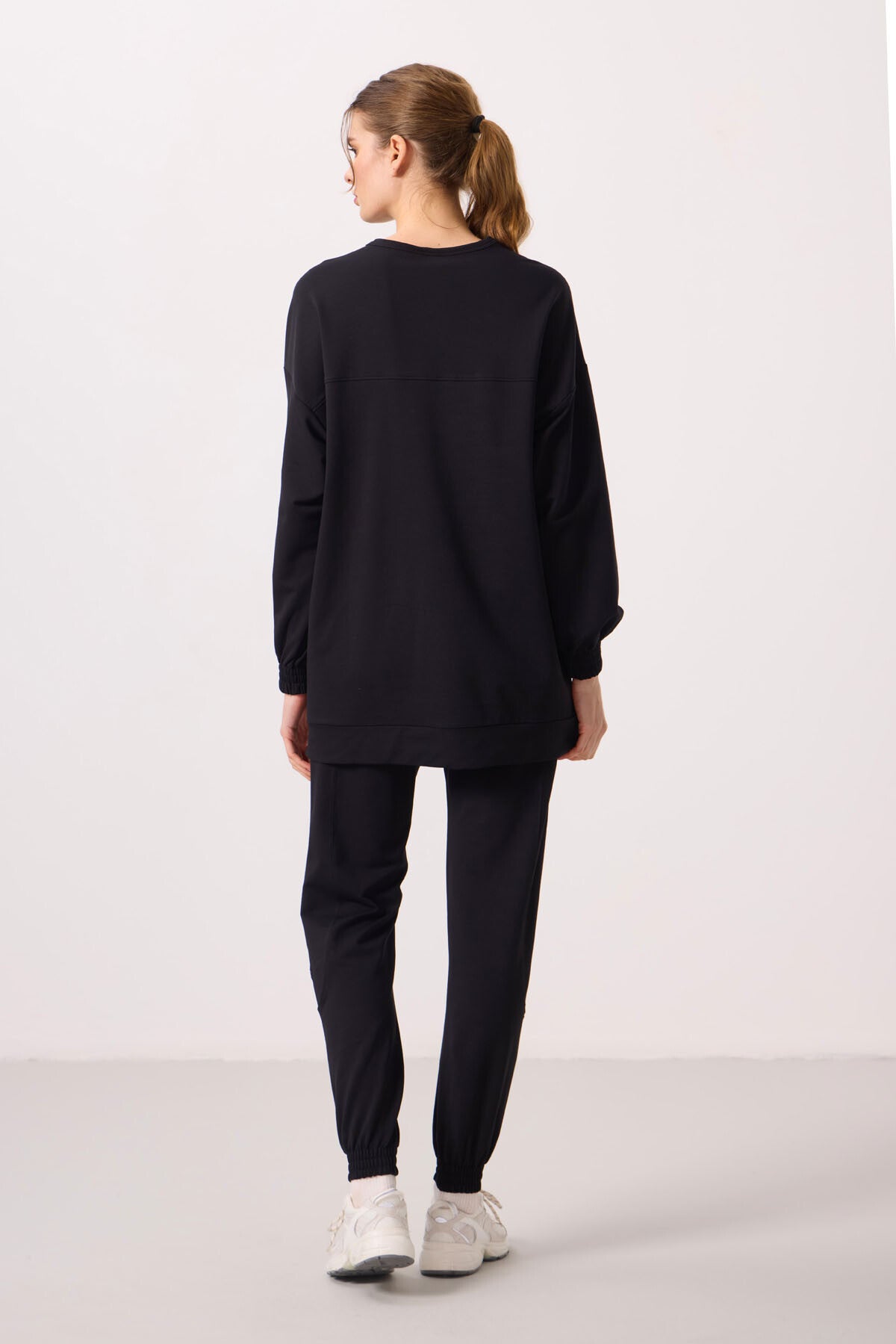 Black O Collar Basic Oversize Women's Tracksuit Tunic Set - 95347