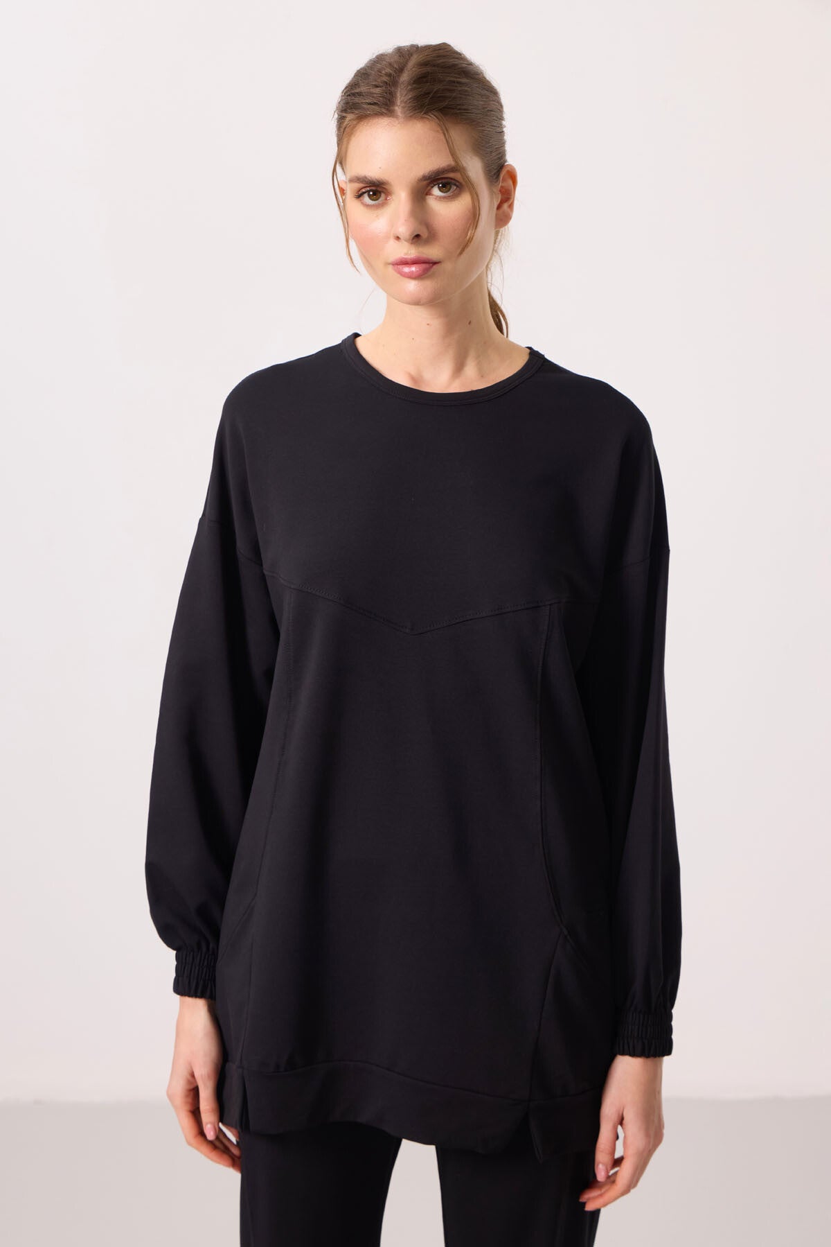 Black O Collar Basic Oversize Women's Tracksuit Tunic Set - 95347