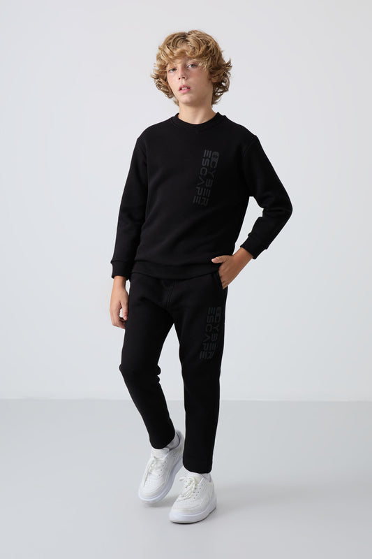 Black Cotton Thick Fleece-Lined Soft Textured Standard Fit Printed Boys' Tracksuit Set - 11233