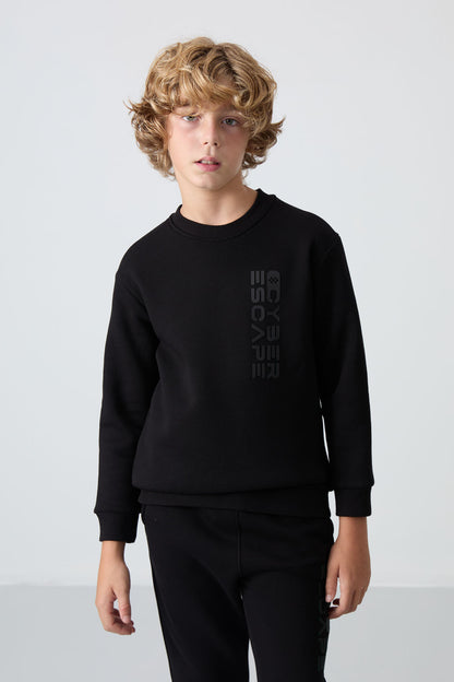 Black Cotton Thick Fleece-Lined Soft Textured Standard Fit Printed Boys' Tracksuit Set - 11233