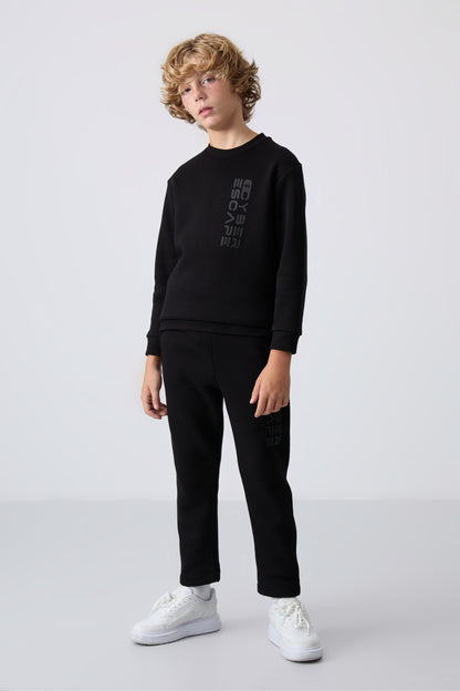 Black Cotton Thick Fleece-Lined Soft Textured Standard Fit Printed Boys' Tracksuit Set - 11233