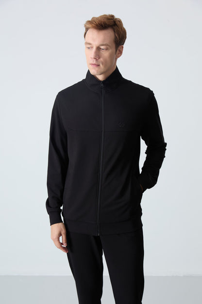 Black Cotton Thick Soft Textured Comfort Fit Basic Men's Tracksuit Set - 85260