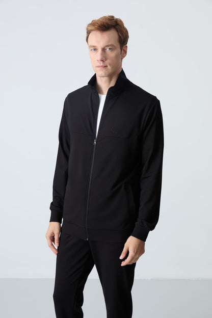 Black Cotton Thick Soft Textured Comfort Fit Basic Men's Tracksuit Set - 85260