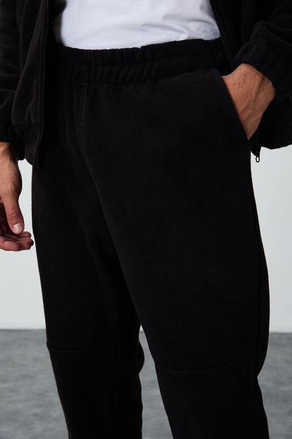 Black Thick Soft Textured Comfort Fit Embroidered Men's Tracksuit Set - 85269