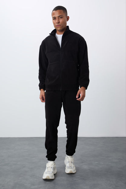 Black Thick Soft Textured Comfort Fit Embroidered Men's Tracksuit Set - 85269