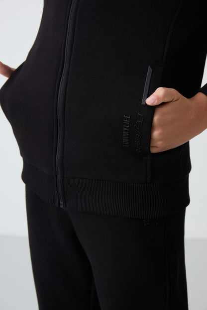 Black Cotton Thick Fleece-Lined Soft Textured Standard Fit Embroidered Boys' Tracksuit Set - 11240