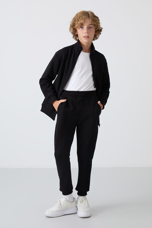 Black Cotton Thick Fleece-Lined Soft Textured Standard Fit Embroidered Boys' Tracksuit Set - 11240