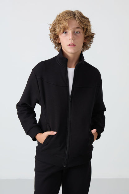 Black Cotton Thick Fleece-Lined Soft Textured Standard Fit Embroidered Boys' Tracksuit Set - 11240