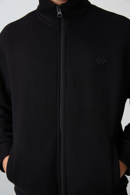 Black Cotton Thick Fleece-Lined Soft Textured Standard Fit Embroidered Boys' Tracksuit Set - 11256