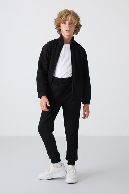 Black Cotton Thick Fleece-Lined Soft Textured Standard Fit Embroidered Boys' Tracksuit Set - 11256