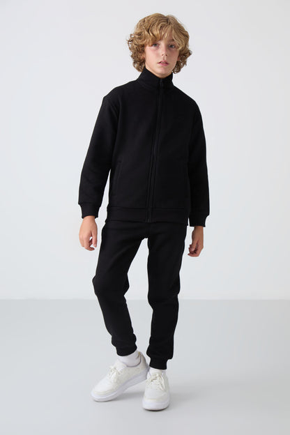 Black Cotton Thick Fleece-Lined Soft Textured Standard Fit Embroidered Boys' Tracksuit Set - 11256