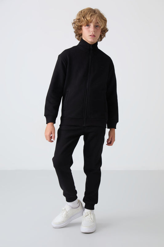 Black Cotton Thick Fleece-Lined Soft Textured Standard Fit Embroidered Boys' Tracksuit Set - 11256