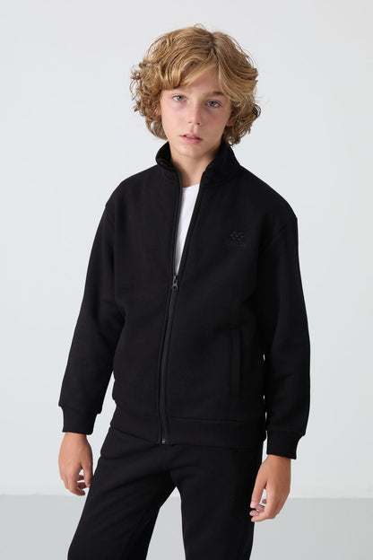Black Cotton Thick Fleece-Lined Soft Textured Standard Fit Embroidered Boys' Tracksuit Set - 11256
