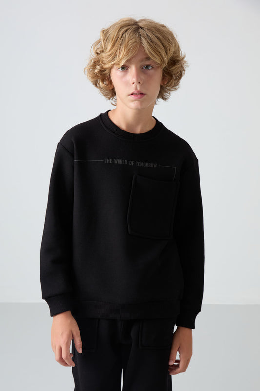 Black Cotton Thick Fleece-Lined Soft Textured Standard Fit Printed Boys' Tracksuit Set - 11257