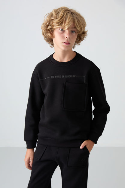 Black Cotton Thick Fleece-Lined Soft Textured Standard Fit Printed Boys' Tracksuit Set - 11257