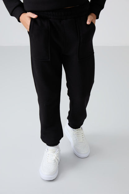 Black Cotton Thick Fleece-Lined Soft Textured Standard Fit Printed Boys' Tracksuit Set - 11257