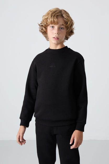 Black Cotton Thick Fleece-Lined Soft Textured Standard Fit Embroidered Boys' Tracksuit Set - 11249