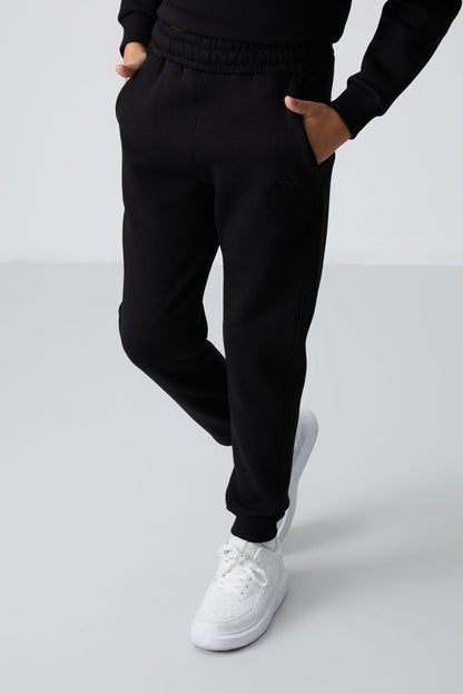 Black Cotton Thick Fleece-Lined Soft Textured Standard Fit Embroidered Boys' Tracksuit Set - 11249