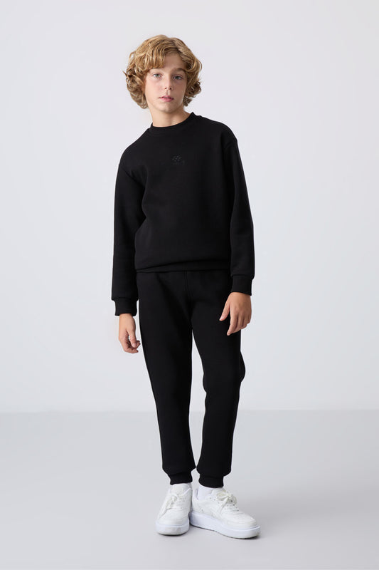 Black Cotton Thick Fleece-Lined Soft Textured Standard Fit Embroidered Boys' Tracksuit Set - 11249