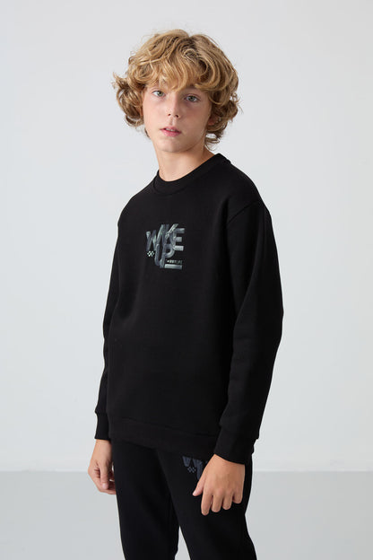 Black Cotton Thick Fleece-Lined Soft Textured Standard Fit Printed Boys' Tracksuit Set - 11253