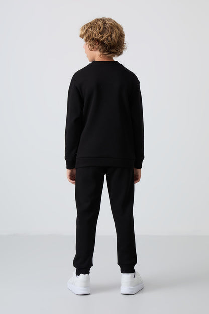 Black Cotton Thick Fleece-Lined Soft Textured Standard Fit Printed Boys' Tracksuit Set - 11253