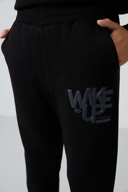 Black Cotton Thick Fleece-Lined Soft Textured Standard Fit Printed Boys' Tracksuit Set - 11253
