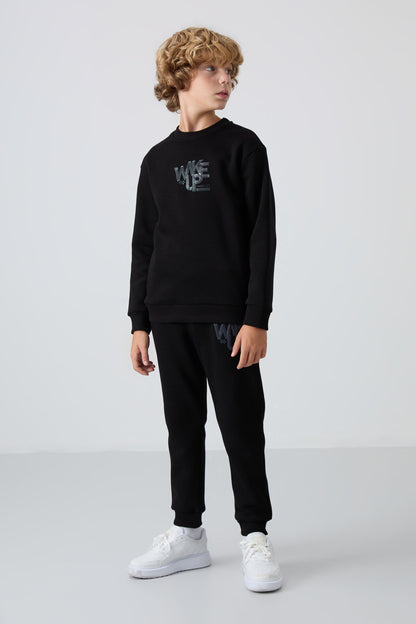 Black Cotton Thick Fleece-Lined Soft Textured Standard Fit Printed Boys' Tracksuit Set - 11253