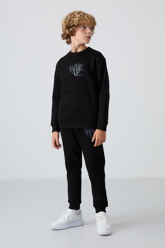 Black Cotton Thick Fleece-Lined Soft Textured Standard Fit Printed Boys' Tracksuit Set - 11253