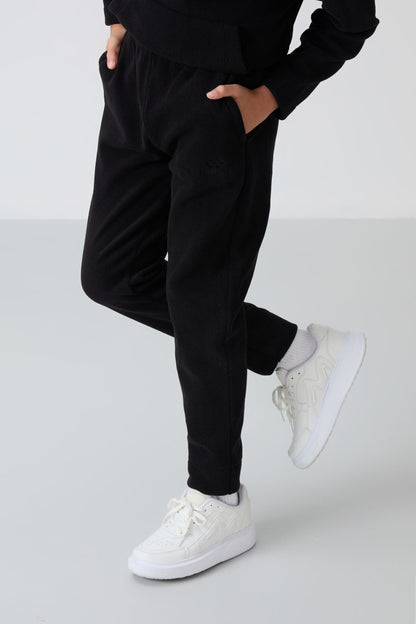 Black Thick Soft Textured Standard Fit Embroidered Fleece Boys' Tracksuit Set - 11218