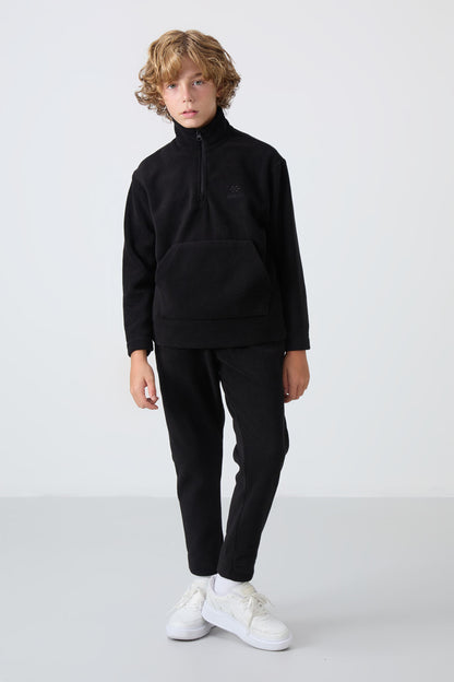 Black Thick Soft Textured Standard Fit Embroidered Fleece Boys' Tracksuit Set - 11218