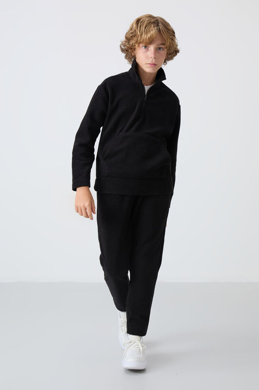 Black Thick Soft Textured Standard Fit Embroidered Fleece Boys' Tracksuit Set - 11218