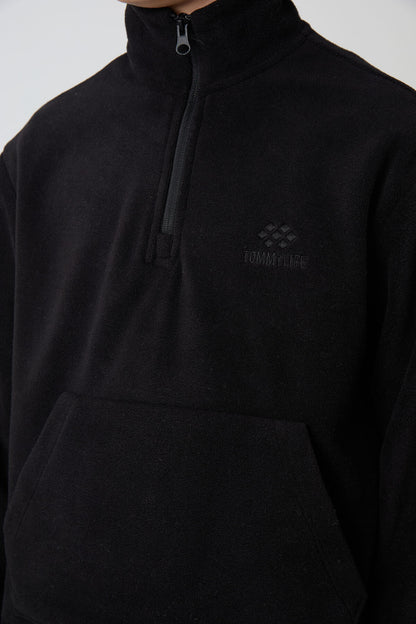 Black Thick Soft Textured Standard Fit Embroidered Fleece Boys' Tracksuit Set - 11218