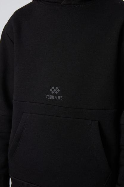 Black Cotton Thick Fleece-Lined Soft Textured Standard Fit Embroidered Boys' Tracksuit Set - 11255
