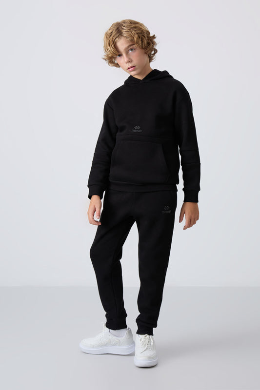 Black Cotton Thick Fleece-Lined Soft Textured Standard Fit Embroidered Boys' Tracksuit Set - 11255