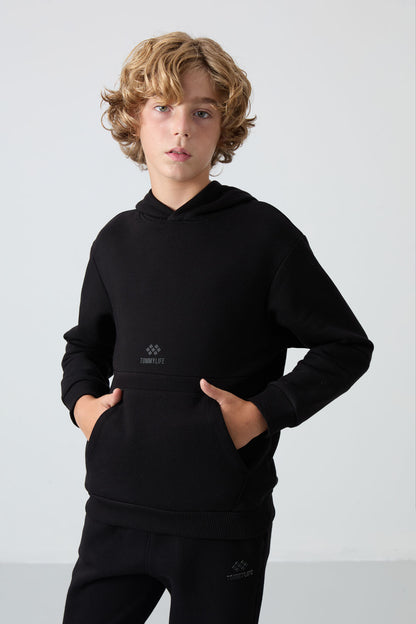 Black Cotton Thick Fleece-Lined Soft Textured Standard Fit Embroidered Boys' Tracksuit Set - 11255