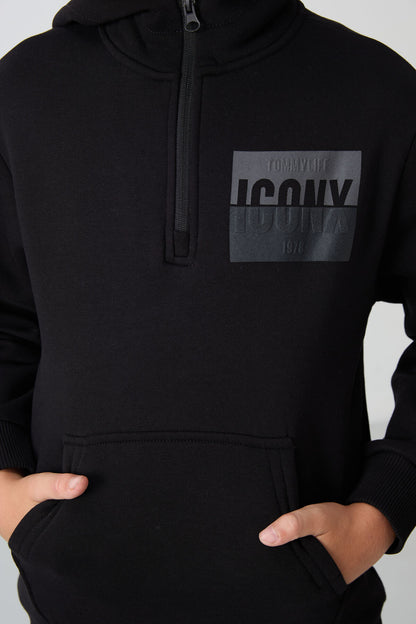 Black Cotton Thick Fleece-Lined Soft Textured Standard Fit Printed Boys' Tracksuit Set - 11246