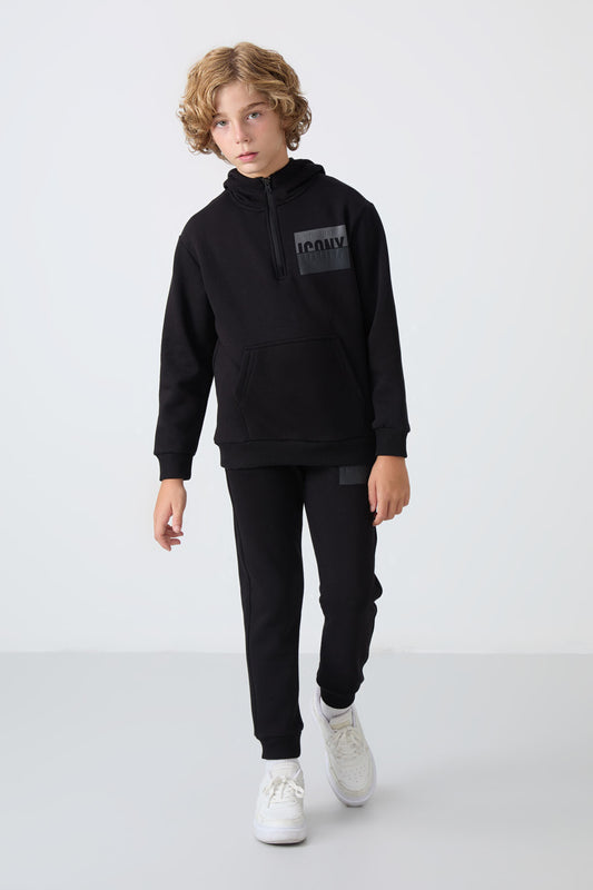 Black Cotton Thick Fleece-Lined Soft Textured Standard Fit Printed Boys' Tracksuit Set - 11246