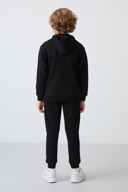 Black Cotton Thick Fleece-Lined Soft Textured Standard Fit Printed Boys' Tracksuit Set - 11246