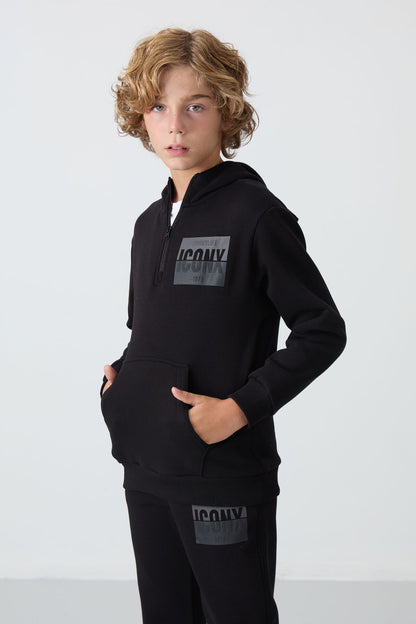 Black Cotton Thick Fleece-Lined Soft Textured Standard Fit Printed Boys' Tracksuit Set - 11246