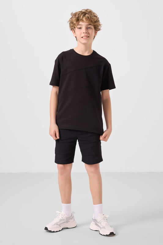 Black cotton oversized fit woven lightweight elastic Chino shorts set - 11275
