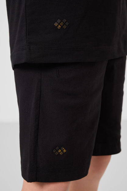 Black cotton oversized fit woven lightweight elastic Chino shorts set - 11277