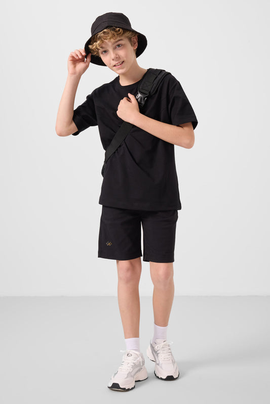 Black cotton oversized fit woven lightweight elastic Chino shorts set - 11277
