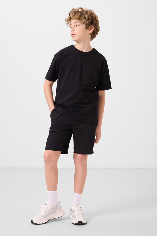 Black cotton oversized fit woven lightweight elastic Chino shorts set - 11278