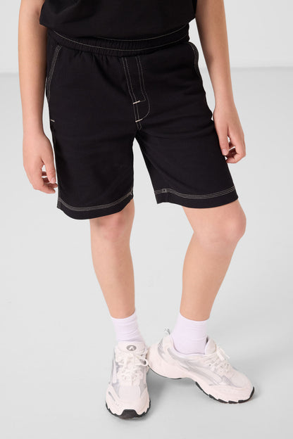 Black cotton oversized fit woven lightweight elastic Chino shorts set - 11279