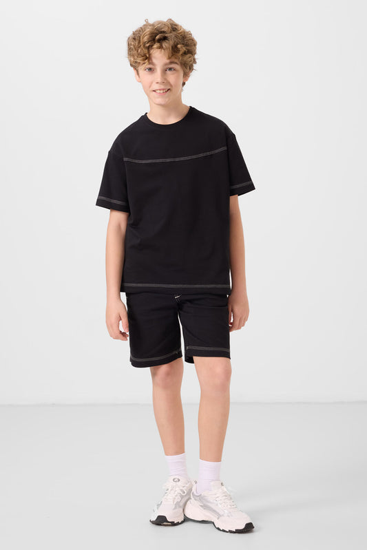 Black cotton oversized fit woven lightweight elastic Chino shorts set - 11279