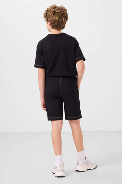 Black cotton oversized fit woven lightweight elastic Chino shorts set - 11279