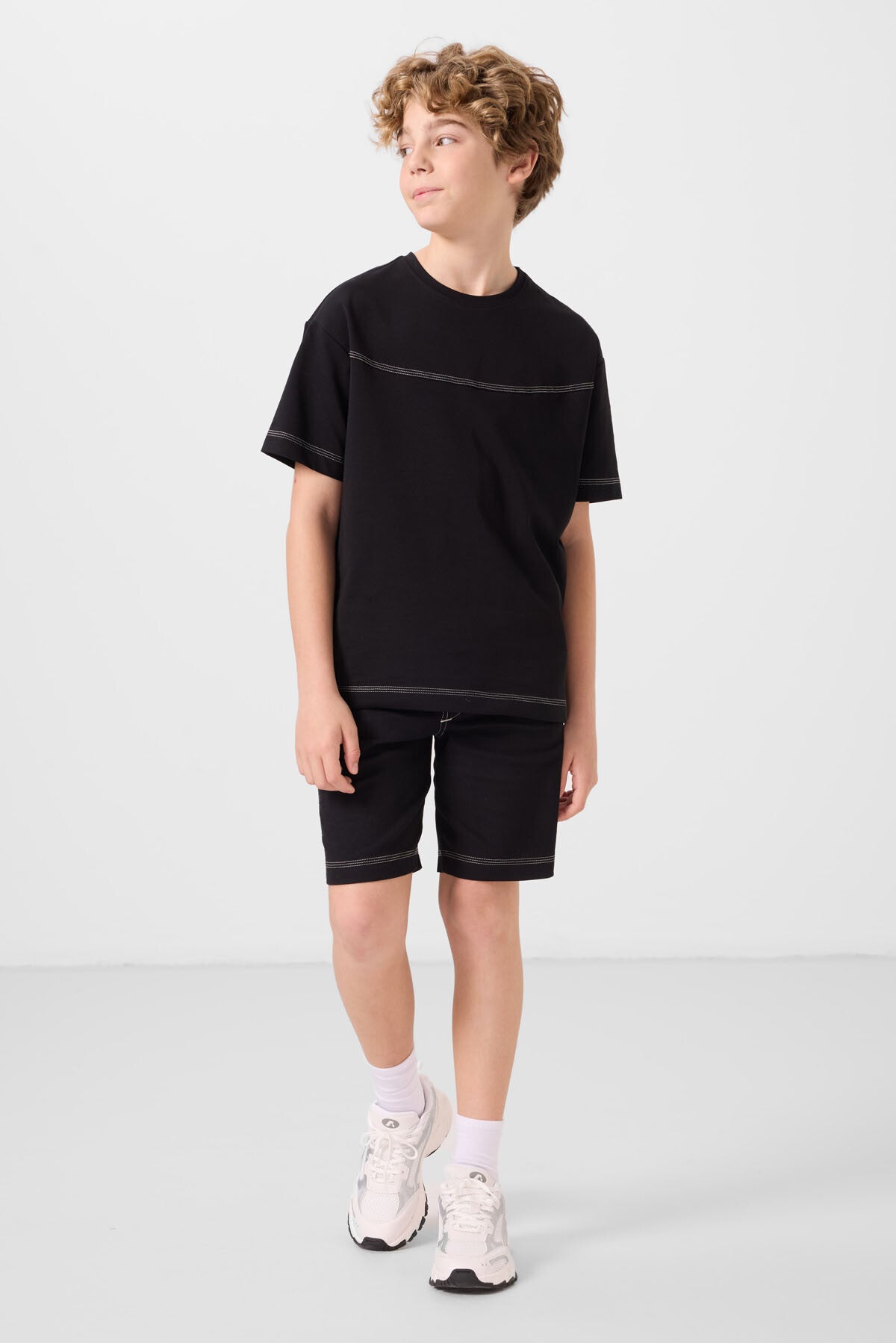 Black cotton oversized fit woven lightweight elastic Chino shorts set - 11279