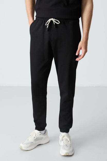 Black Cotton Thick Soft Textured Oversize Fit Basic Men's Tracksuit Set - 85261