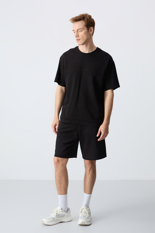 Black Cotton Thick Soft Textured Oversize Fit Basic Men's Shorts Set - 85257